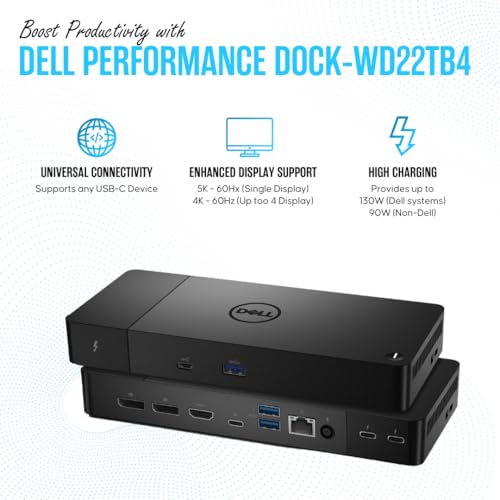 WD22TB4 Dell Thunderbolt 4 Dock 40Gbps USB-C/USB A - Dell Docking Station Dual Monitor with 180W, HDMI & DisplayPort Cable - Supports 4K Displays & Upto 3 Monitors (Renewed) | 13-Port Thunderbolt 4 Dock with 40Gbps Speed, 130W Power Delivery, 4K Multi-Mon