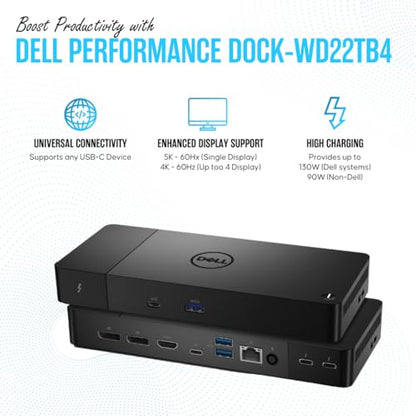 WD22TB4 Dell Thunderbolt 4 Dock 40Gbps USB-C/USB A - Dell Docking Station Dual Monitor with 180W, HDMI & DisplayPort Cable - Supports 4K Displays & Upto 3 Monitors (Renewed) | 13-Port Thunderbolt 4 Dock with 40Gbps Speed, 130W Power Delivery, 4K Multi-Mon