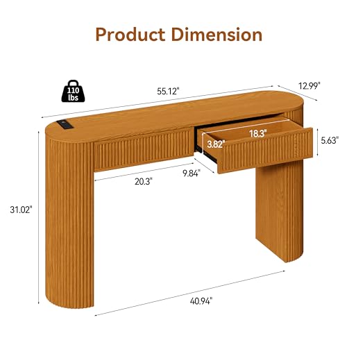 55" Fluted Console Table with 2 Drawers & LED Lights,Entryway Tables with Charging Station,Narrow Sofa Table Behind Couch,Mid-Century Modern Foyer Table for Entryway, Hallway, Living Room(Yellow Oak) - color: Yellow Oak