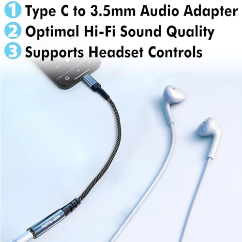 USB C to 3.5mm Audio Adapter, Aux to USB C Headphone Jack Dongle w/Hi-Fi DAC Chip, in-Line Control & Mic Support Compatible with iPhone 16/15, Samsung Galaxy S25/S24 Pixel iPad MacBook PS5
