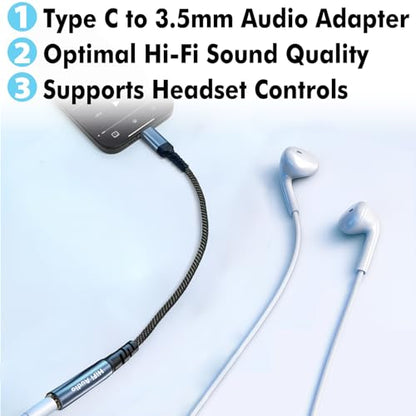 USB C to 3.5mm Audio Adapter, Aux to USB C Headphone Jack Dongle w/Hi-Fi DAC Chip, in-Line Control & Mic Support Compatible with iPhone 16/15, Samsung Galaxy S25/S24 Pixel iPad MacBook PS5