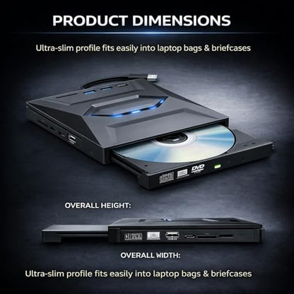 7-in-1 External USB DVD Drive & Blu-Ray Player Ultra Slim CD Bluray Burner for Laptop Desktop ROM SD TF Card Hard Disco Externo Writer and Reader Compatible with Most Computers