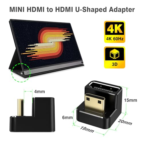 AGVEE 180 Degree USB-C to C Adapter & U-Shaped Mini HDMI to HDMI Converter | Angled HDMI 2.0 4k@60HZ Coupler Extender Extension Adaptor Accessories for Portable Display Monitor - size: 1 Pack Short Side Inward