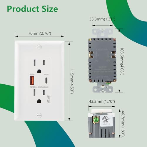 PD 65W GaN USB C Wall Outlet, 15 Amp Tamper-Resistant Receptacle with 65W Power Delivery & 18W QC 3.0, in-Wall Charger Compatible with Laptops, Tablets and Smartphones, UL Listed, White