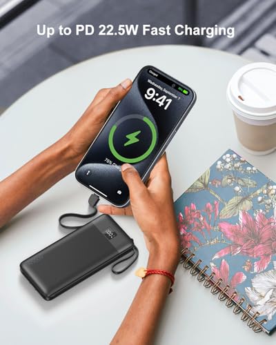 Portable Charger 10000mAh Power Bank w/Built-in 3 Cables & AC Wall Plug | 22.5W Fast Charging, Pass Through Charging, 0.68in Ultra Slim, TSA Approved, Travel Essential for iPhone/Samsung/iPad, Black - color: Black