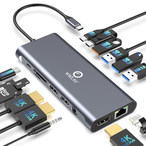 14-in-1 USB C Hub Docking Station 3 Monitors Display, Dual 4K@60Hz HDMI & 4K DP (DP 1.4 Required), Multiport Adapter with 100W PD, USB 3.1, Ethernet, SD, Audio,for MacBook Dell HP Lenovo Surface - color: Dark Gray