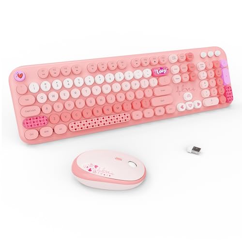 Wireless Keyboard and Mouse Combo, 104 Round Keys Full-Size Cute Colorful Pink Cordless Keyboard and Mouse with Retro Typewriter for PC/Mac/Laptop/Tablet/Computer/Windows Pink - color: Lovely Pink