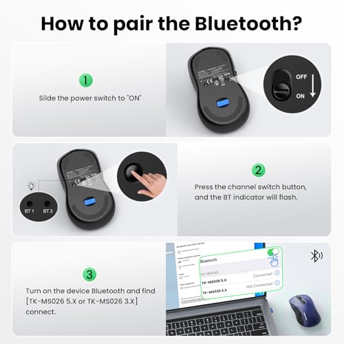TECKNET Rechargeable Bluetooth Mouse, [ USB + BT5.0 + BT3.0 ] Wireless Mouse, Ergonomic Design, Silent Click, 6-Level 4800 DPI Wireless Mice, 3-Device Switching for Laptop, Computer, MacBook（Blue） - color: Blue