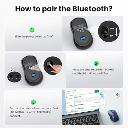 TECKNET Rechargeable Bluetooth Mouse, [ USB + BT5.0 + BT3.0 ] Wireless Mouse, Ergonomic Design, Silent Click, 6-Level 4800 DPI Wireless Mice, 3-Device Switching for Laptop, Computer, MacBook（Blue） - color: Blue