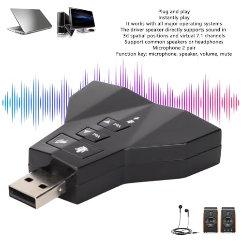 USB Sound Card Virtual 7.1 Channel – External Stereo Adapter for Headphone and Microphone, Plug and Play for Windows PC, Laptop