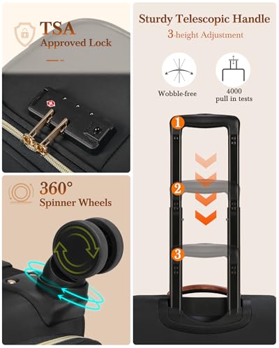 RAINSMORE Carry On Luggage with wheels, Softside Suitcases Set 3 Piece | 22x14x9 Airline Approved, Luggage Sets with Backpack & Toiletry Bag, Rolling Suitcase with TSA Lock, for Travel Weekender - color: Black-Brown