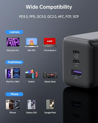 NOVOO 100W USB C Charger Block (GaN III), 3-Port Fast Foldable Compact Wall Charger for MacBook Pro/Air, Dell XPS 13, iPad Pro, Galaxy S24/S23, iPhone 16/15 Pro and More