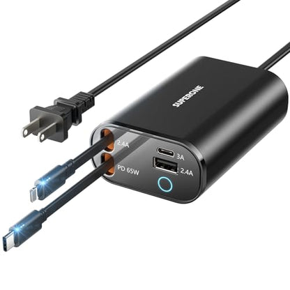 SUPERONE Retractable Charger, 104W GaN Desktop Charger, PD 65W for Laptop | 4 in 1 Compact Charging Station, Retractable USB C & Apple Cables, 5FT Extension Cord, Fast Charging for iPhone/Pixel/MacBook