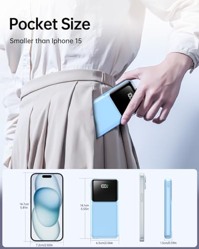 RONEGN Portable Charger with Built in Cable -20000mAh Fast Charging Power Bank USB C Slim 22.5W LED Display Battery Pack 5 Outputs & 3 Inputs for Travel Essentials iPhone Samsung Phones Sky Blue - color: Sky Blue