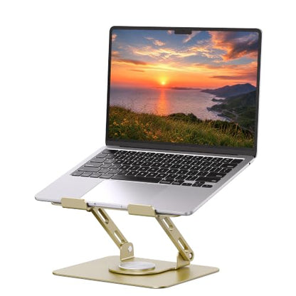 SOUNDANCE 360 Rotating Laptop Stand, Ergonomic Computer Riser for Desk, Adjustable Height Multi-Angle Metal Holder, Foldable Portable Notebook Elevating Base for Office & Home, Gold - color: Gold