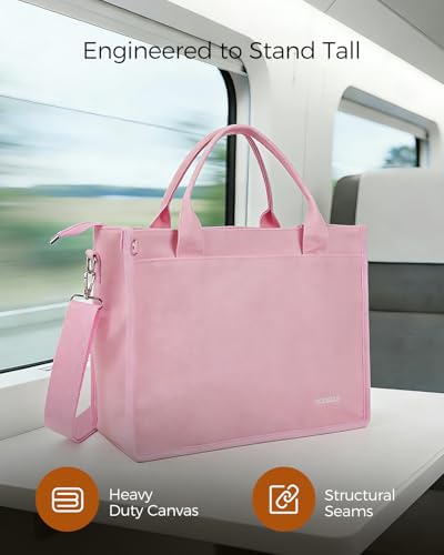 Canvas Tote Bag for Women With Zipper,14" Laptop Tote Bag for Work | Water Bottle Pocket,Padded Laptop Sleeve,Inner Key Leash,Premium Metal Hardware,Structured Canvas - color: Petal Pink