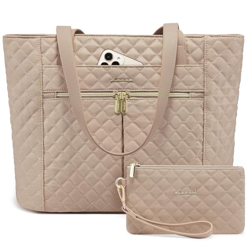 LOVEVOOK Laptop Bag for Women 15.6 inch,Diamond Quilted Work Tote Bags Womens Laptop Computer Shoulder Bags,Stylish Travel Tote Bags Laptop Purse Briefcase Handbag with Clutch Purse,Khaki - color: Khaki(quilted), size: 15.6 Inch