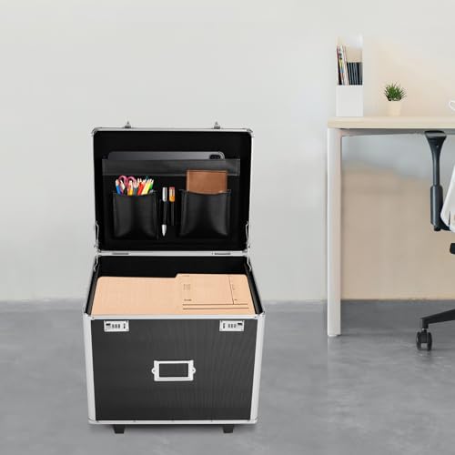 Portable Locking File Storage Box, Aluminum Alloy File Lock Box with Telescopic Handle, Mobile Busniness Case, File Cabinet for Office Home,Offices, Hospitals, Banks, 19.2x 15x 16 inches, Black