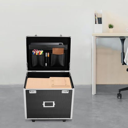 Portable Locking File Storage Box, Aluminum Alloy File Lock Box with Telescopic Handle, Mobile Busniness Case, File Cabinet for Office Home,Offices, Hospitals, Banks, 19.2x 15x 16 inches, Black