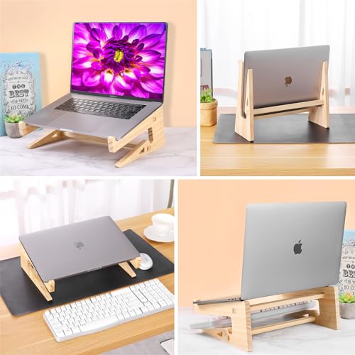 Wooden Laptop Stand for Desk, 2-in-1 Riser and Vertical Laptop Stand | notebook computer holder upright organizer home office workstation timber ergonomic ventilated anti skid space saver