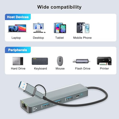 USB C to Ethernet Adapter, 5Gbps Data Port Hub Network with 3*USB3.0, USB3.0 Hub with RJ45 10/100/1000 Gigabit Ethernet Adapter Support Windows 10,8.1,Mac OS, Surface Pro,Linux,Chromebook and More