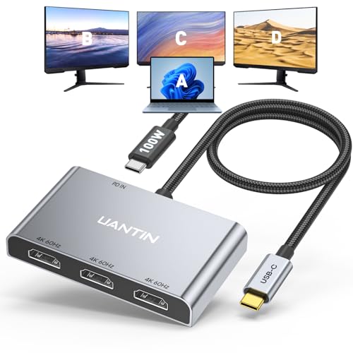 UANTIN USB C to 3 HDMI Adapter with PD 100W, 4K@60Hz HDMI Splitter Extended Display for Multi-Monitors, Adapter for 3 Monitor, Windows Allows Display 4 Separate Screens, macOS Only Mirror Mode