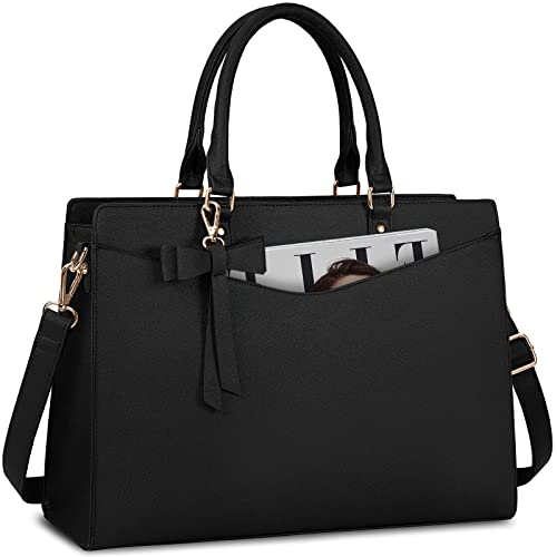 RAINSMORE Laptop Bag for Women 15.6 Inch PU Tote Bag Business Office Work Bag Waterproof Briefcase Computer Tote Lightweight Handbag Shoulder, Black - color: Black