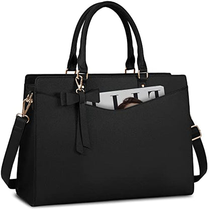 RAINSMORE Laptop Bag for Women 15.6 Inch PU Tote Bag Business Office Work Bag Waterproof Briefcase Computer Tote Lightweight Handbag Shoulder, Black - color: Black