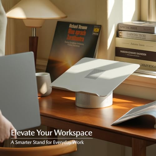 Mossion M1 Laptop Stand with Cooling Fan, Bluetooth Speakers & USB Hub - Titanium Gray | 360° Rotating Aluminum Ergonomic Laptop Stand for Laptops up to 18"