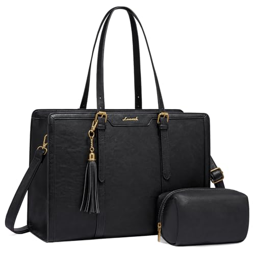 LOVEVOOK Laptop Bag for Women Vintage Leather Laptop Tote 15.6 inch Large Capacity Computer bag with Clutch Purse for Work - color: Black, size: 15.6 inch