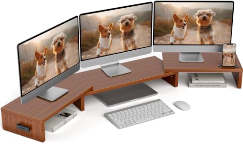 BONTEC Triple Monitor Stand Riser with Smartphone Holder, Adjustable Length & Swivel Angle, Ergonomic Wooden Desktop Organizer for PC Monitor, Laptop, Printer, Large Storage, 53.3 in, Walnut - color: Walnut, size: 53.3 in