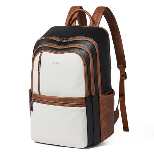 Leather 17 inch Laptop Backpack for Women, Large Travel Backpack Purse for Casual Daypack College Work Bag - color: Black With Brown and White