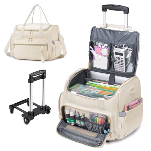 Rolling Laptop Bag 17.3 Inch 3 IN 1 Rolling Briefcase for Women Waterproof Teacher Tote Bag With Wheels - color: White