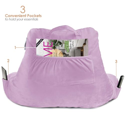 Nestl Reading Pillow with Portable Laptop Lap Desk, Velvet Feel Back Pillow for Sitting in Bed, Shredded Memory Foam Back Support Pillow for Bed, Bed Rest Pillow with Arms, Small - Lavender