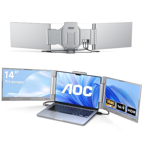 AOC 14" Laptop Screen Extender, Triple Portable Monitor for 13”-17.3" Laptops, 1080P FHD IPS Display, HDMI/USB-C Cable Plug-Play, Laptop Monitor Extender for Mac/Windows (Silver) - color: Silver