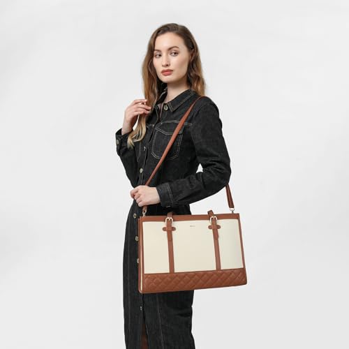 Keyli 3pcs Laptop Bag for Women,15.6 Inch Canvas Tote Bag Work Bags Large Business Computer Briefcase Shoulder Handbag Purse - color: S-brown+khaki