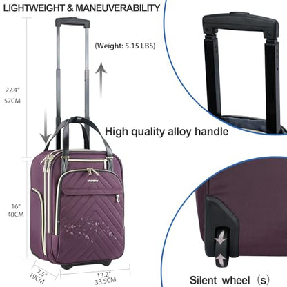 VANKEAN Carry On Underseat 16-inch Multi-functional Underseater Lightweight Overnight Suitcase with Wheels, Roller Case for Men Women Travel Business - color: Gold Purple