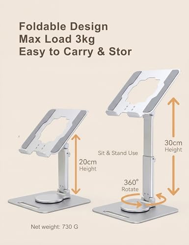 Laptop Stand, Height Adjustable 360° Swivel Anti-Wobble Base | Ergonomic, dual-axis, aluminum arm, carbon steel base, hollow cooling panel, fits 10-17" laptops, foldable, home office - color: silver