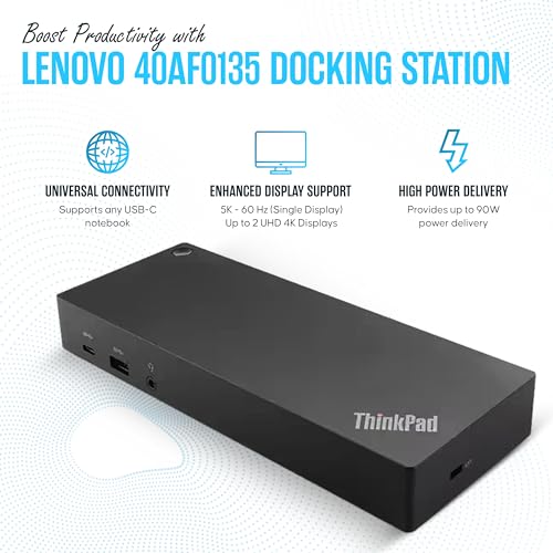 40AF0135US Lenovo Docking Station Dual Monitor - ThinkPad Dock USB-C, USB-A | Dual Monitor Support – Connect multiple displays with 135W Adap TER, HDMI & DisplayPort outputs