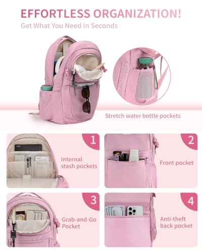 ECOHUB Travel Backpack for Women, 17.3 inch Suspended Laptop Backpack, Fashion Water-Resistant 28L Personal Item Bag with 12 Pockets for Causal, Work, Pink - color: Pink