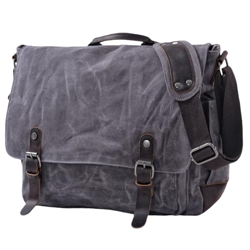 [Upgraded] Vintage Messenger Bag, 15.6 Inch Laptop Crossbody Shoulder Bags, Heavy Water-resistant Canvas Satchel for Men - color: Gery