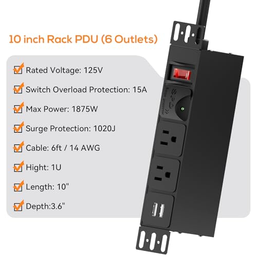 10 inch Rack PDU, 1U 6 Outlets(2 in Front, 4 in Back) Surge Protected,14AWG | 6ft Cable,1020J,15A Overload Switch & 2 USB-A, Rack Mount Power Strips for 10'' Mini Server Network Cabinets/Rack/Self