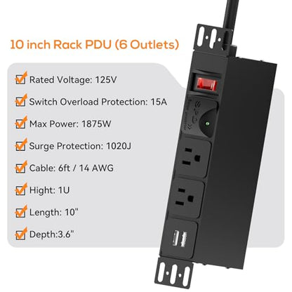 10 inch Rack PDU, 1U 6 Outlets(2 in Front, 4 in Back) Surge Protected,14AWG | 6ft Cable,1020J,15A Overload Switch & 2 USB-A, Rack Mount Power Strips for 10'' Mini Server Network Cabinets/Rack/Self