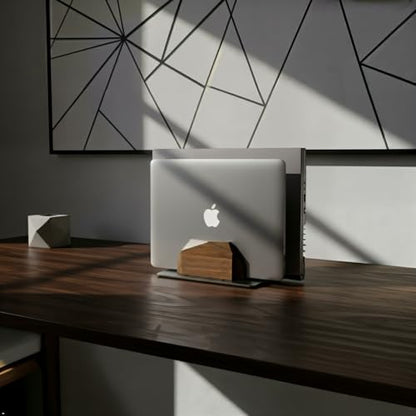Vertical Laptop Stand for Desk, Dual Slot Wood Laptop Holder to Dock MacBook, MacBook Pro and & Gaming Laptops, Solid Black Walnut, Geometric Sculpted Craftsmanship - color: Grey