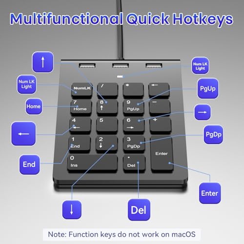 2-in-1 Number Pad & USB Hub with USB-C and USB-A Cables, 15° Ergonomic Wired Numpad with 3 USB 2.0 Ports , Number Keypad for Laptop/iPad/MacBook/PC/Windows/MacOS,No Adapter Needed USB Number Keypad - color: Black