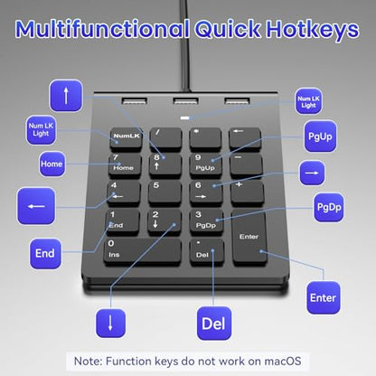 2-in-1 Number Pad & USB Hub with USB-C and USB-A Cables, 15° Ergonomic Wired Numpad with 3 USB 2.0 Ports , Number Keypad for Laptop/iPad/MacBook/PC/Windows/MacOS,No Adapter Needed USB Number Keypad - color: Black