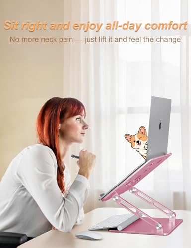 Aoviho Aluminum Laptop Stand for Desk Fit for All 10"-17.3" Laptops, Pink | Height-adjustable Notebook Holder, Ergonomic Computer Riser with Unique Puppy Cooling Vent, for Mac, Dell, Lenovo, HP - color: Rose Gold
