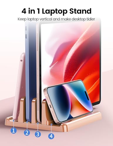 Vaydeer Vertical Laptop Stand for Desk, Dual Slots Plastic Laptop Holder with Space Saving 4-in-1 Design, Adjustable Laptop Stand Supports MacBook, Chromebook, Surface, Dell (Rose Gold) - color: Rose Gold