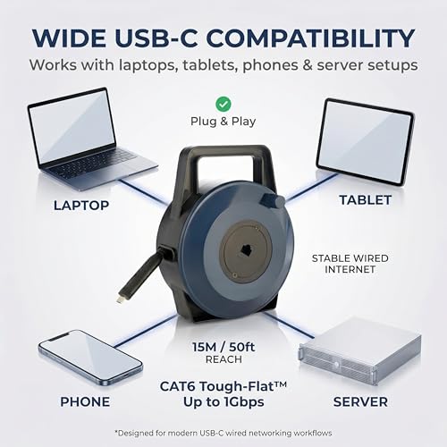 USB-C (Type-C) to Ethernet Cable Reel, 50Ft (15M) CAT6 Tough-Flat™, Up to 1 Gbps, Plug & Play, Truck-Pass Safe, Retractable Cable for Temporary Setups