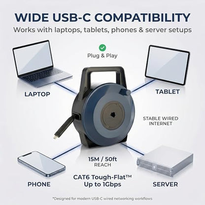 USB-C (Type-C) to Ethernet Cable Reel, 50Ft (15M) CAT6 Tough-Flat™, Up to 1 Gbps, Plug & Play, Truck-Pass Safe, Retractable Cable for Temporary Setups